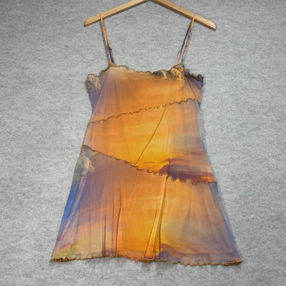 Urban Outfitters Sunset Mesh Mini Dress Orange Landscape Lettuce Edge Size M Y2K